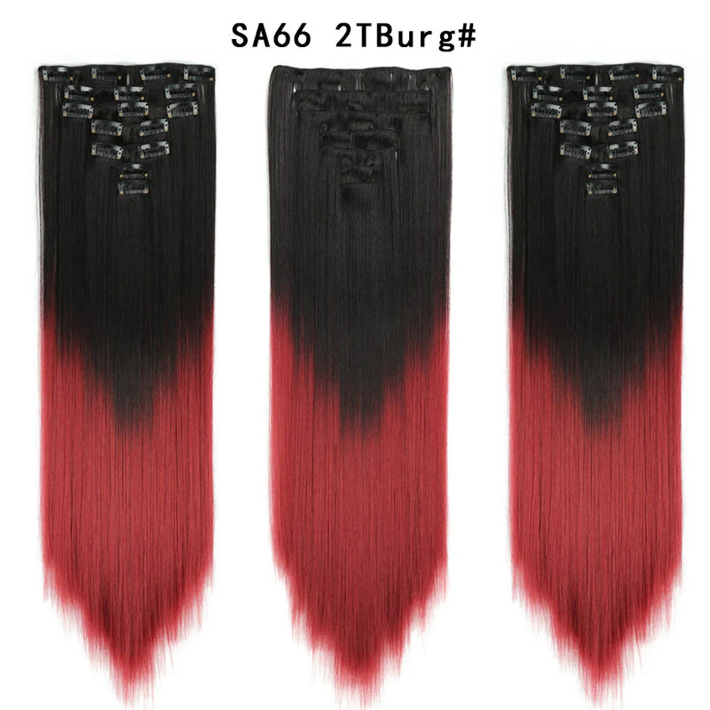 Buabuda-extensiones de cabello sintético largo y liso, 16Clips, fibra de alta temperatura, color rubio, negro y marrón