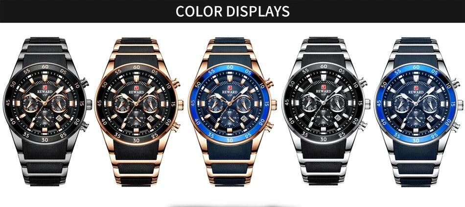 REWARD Relojes para hombre con esfera grande, marca de lujo, reloj deportivo resistente al agua, cronógrafo para hombre, reloj de cuarzo, relojes de pulsera con fecha automática