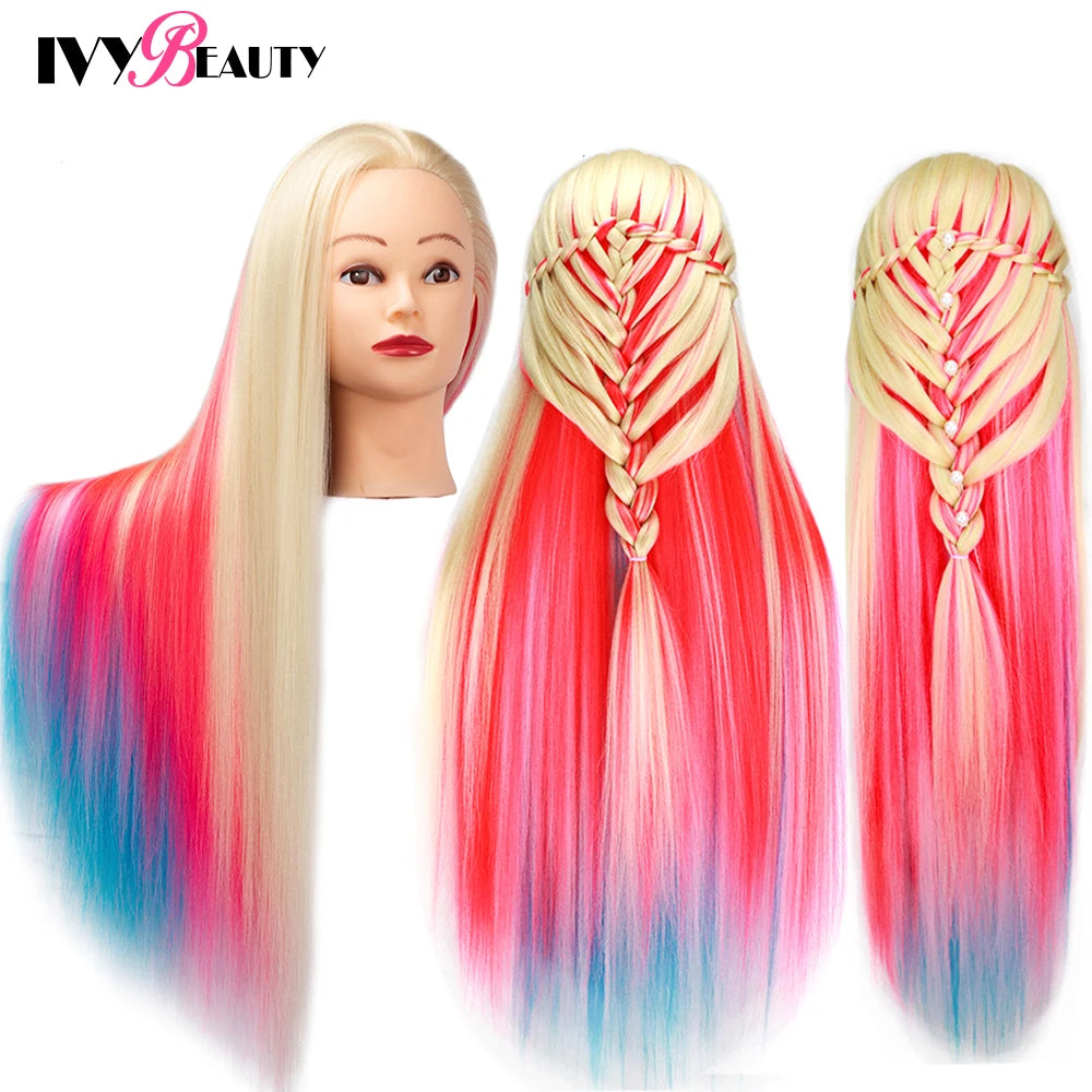 Cabeza de muñeca de maniquí de cosmetología con pelo de Color arcoíris para trenzar el cabello, entrenamiento de peinado, exhibición de salón de peluquería