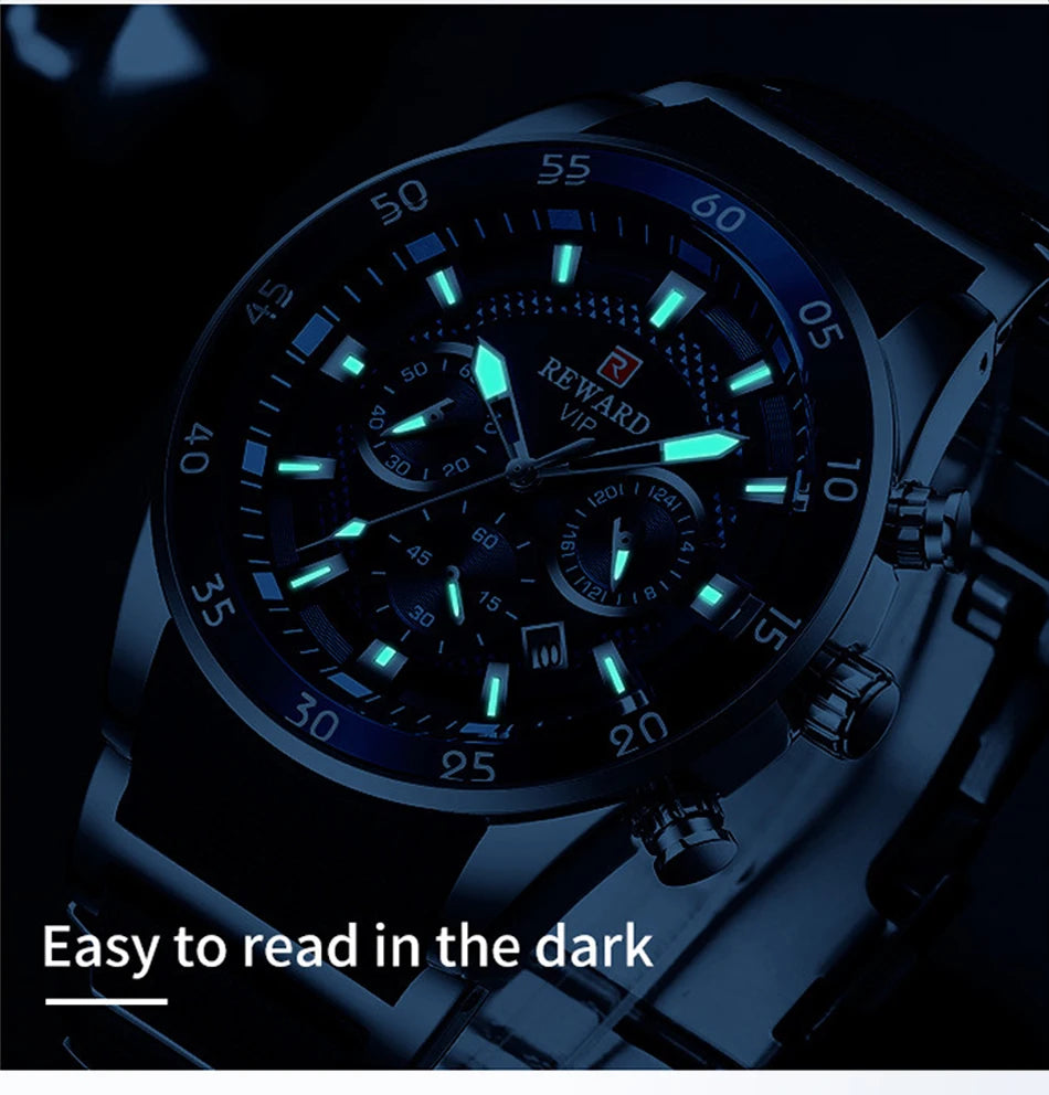REWARD Relojes para hombre con esfera grande, marca de lujo, reloj deportivo resistente al agua, cronógrafo para hombre, reloj de cuarzo, relojes de pulsera con fecha automática