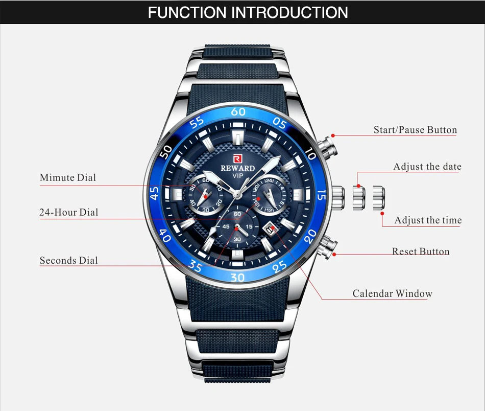 REWARD Relojes para hombre con esfera grande, marca de lujo, reloj deportivo resistente al agua, cronógrafo para hombre, reloj de cuarzo, relojes de pulsera con fecha automática