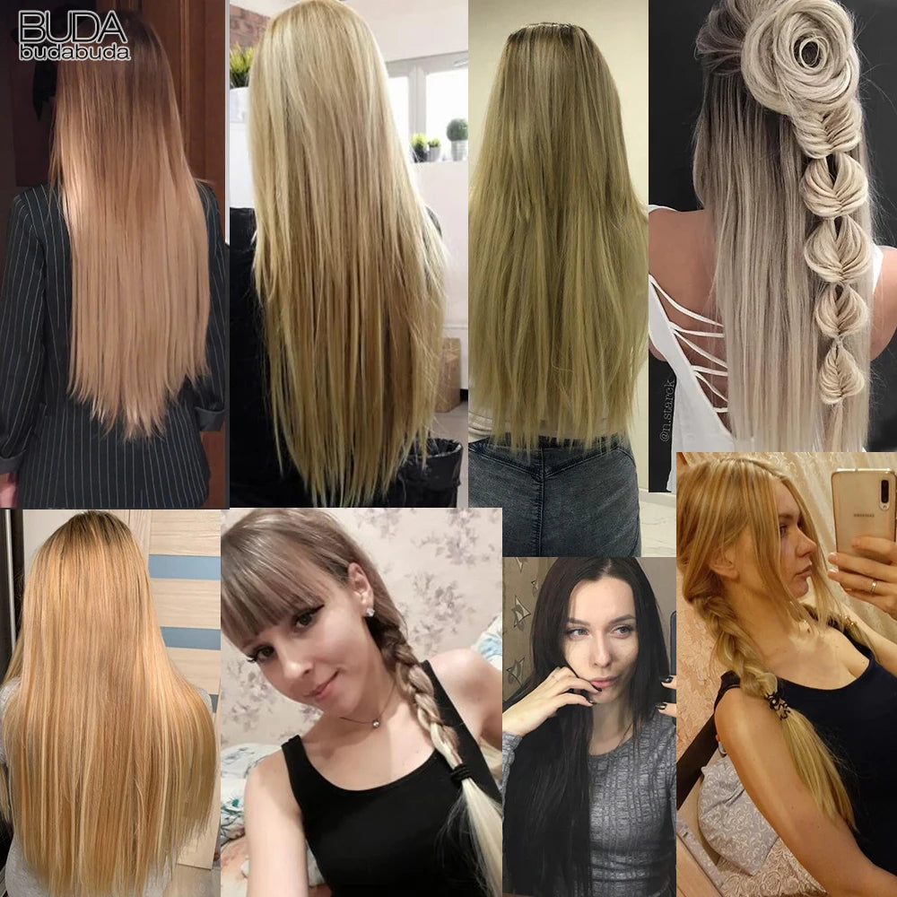 Buabuda-extensiones de cabello sintético largo y liso, 16Clips, fibra de alta temperatura, color rubio, negro y marrón