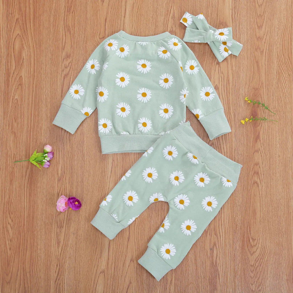 Trajes de algodón transpirables para bebé, niño y niña, sudadera de manga larga con estampado de margaritas, pantalones y Diadema con lazo, 3 uds.