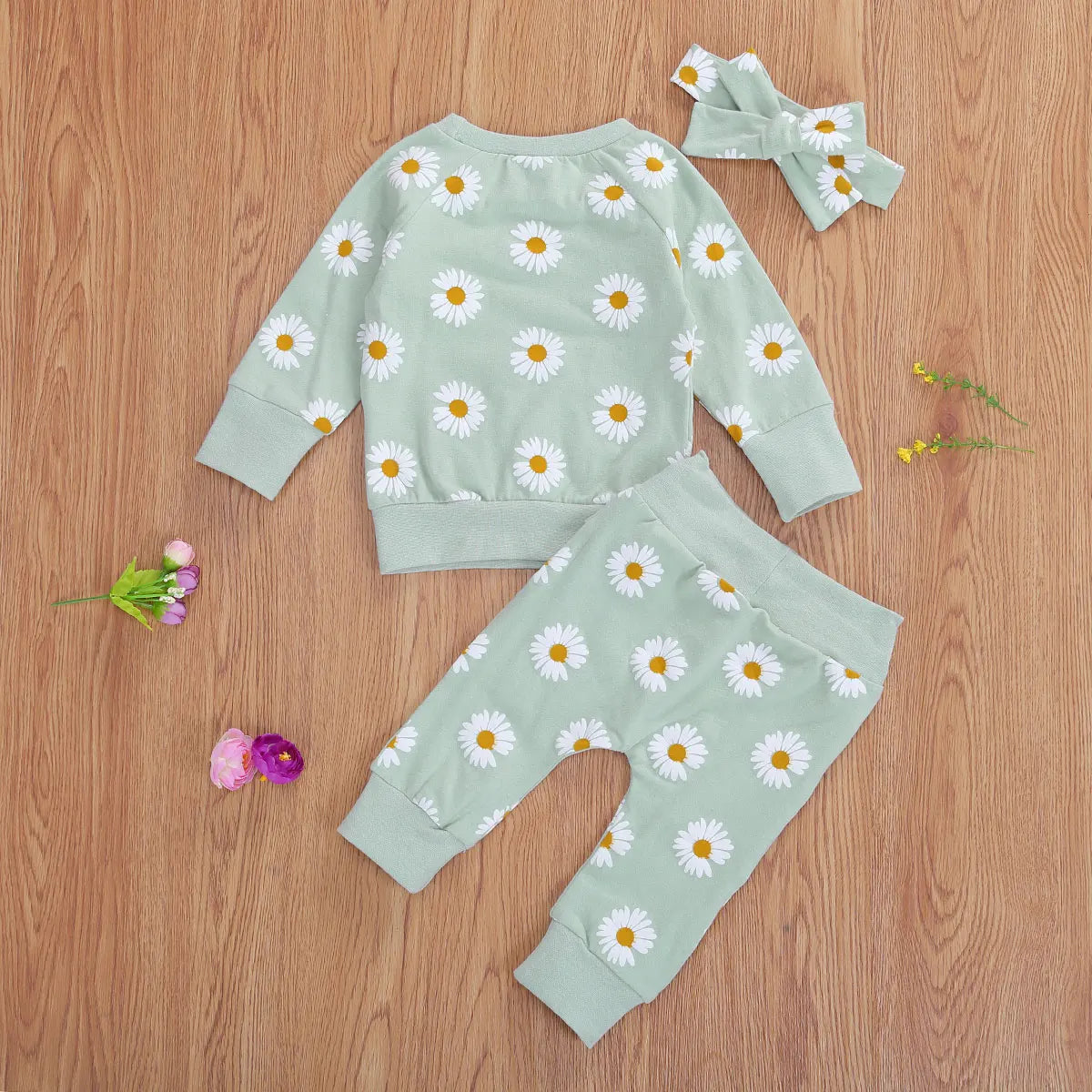 Trajes de algodón transpirables para bebé, niño y niña, sudadera de manga larga con estampado de margaritas, pantalones y Diadema con lazo, 3 uds.