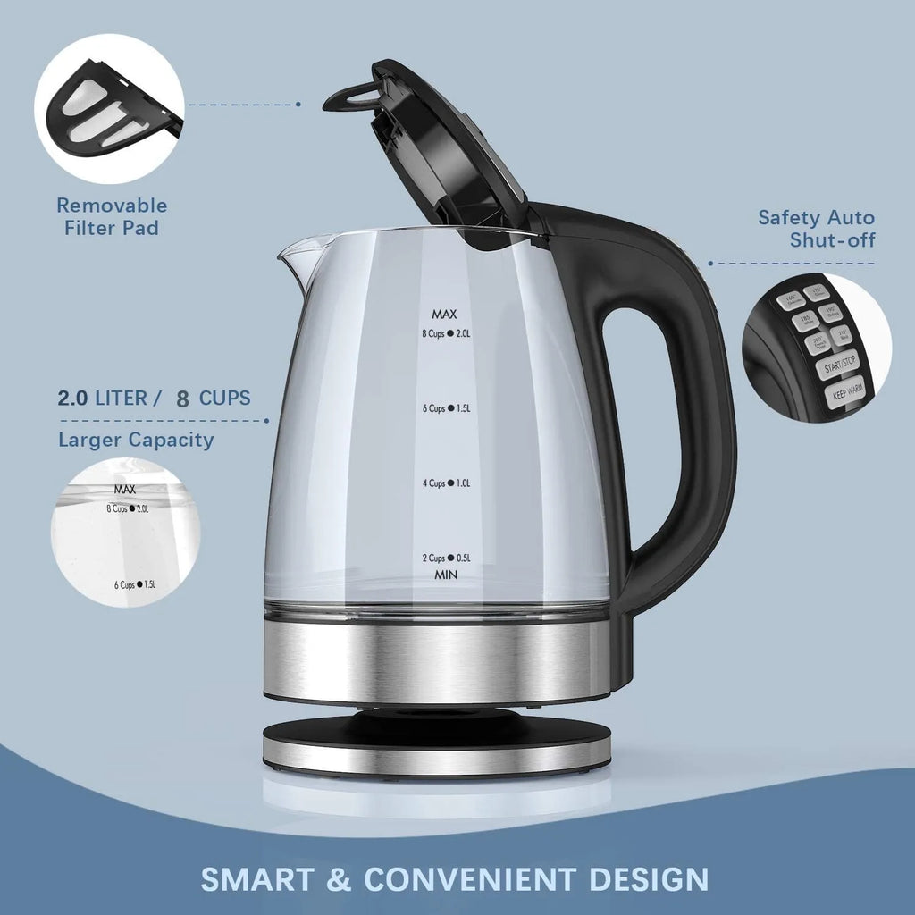 DEVISIB Hervidor eléctrico de vidrio, ebullición rápida de 2200 W, control de temperatura, mantener caliente las 4 horas, tetera de 2,0 L y caldera de agua caliente