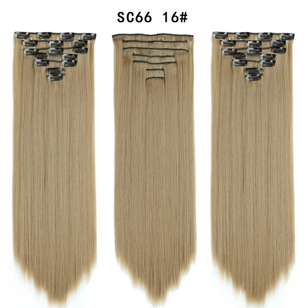 Buabuda-extensiones de cabello sintético largo y liso, 16Clips, fibra de alta temperatura, color rubio, negro y marrón