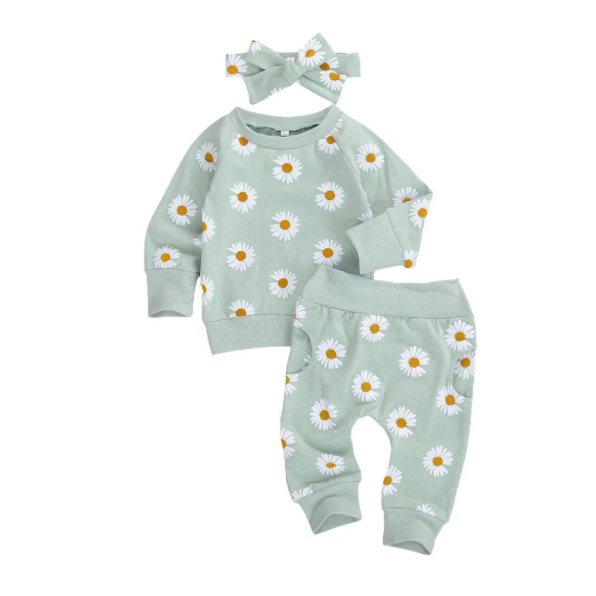 Trajes de algodón transpirables para bebé, niño y niña, sudadera de manga larga con estampado de margaritas, pantalones y Diadema con lazo, 3 uds.