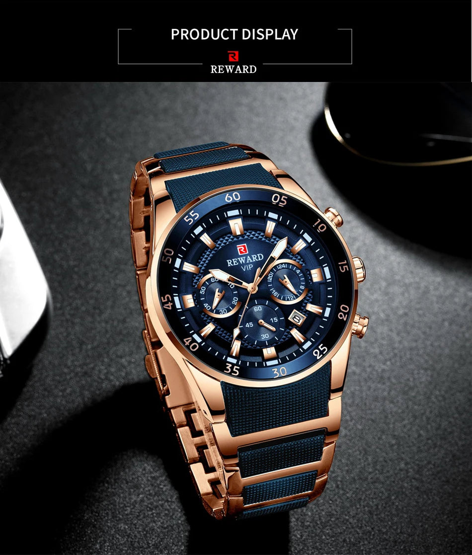 REWARD Relojes para hombre con esfera grande, marca de lujo, reloj deportivo resistente al agua, cronógrafo para hombre, reloj de cuarzo, relojes de pulsera con fecha automática