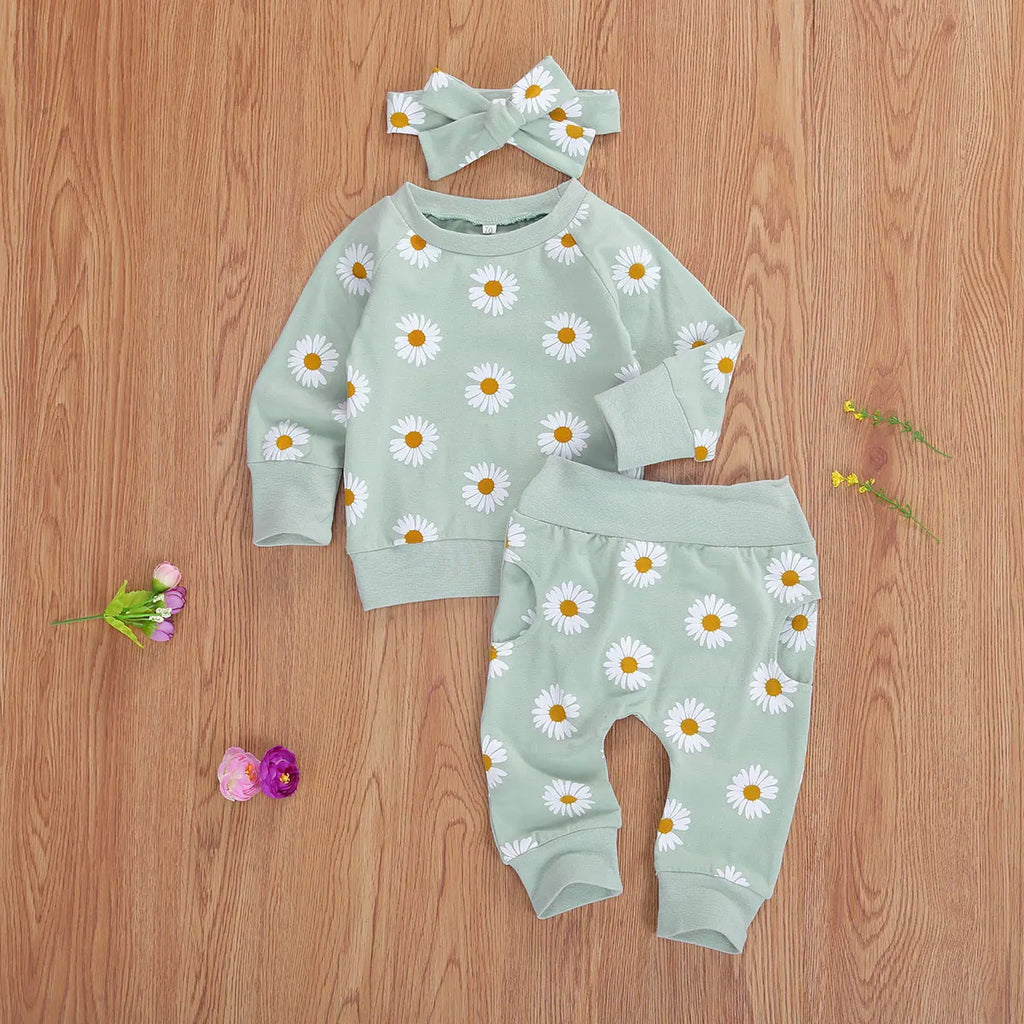 Trajes de algodón transpirables para bebé, niño y niña, sudadera de manga larga con estampado de margaritas, pantalones y Diadema con lazo, 3 uds.