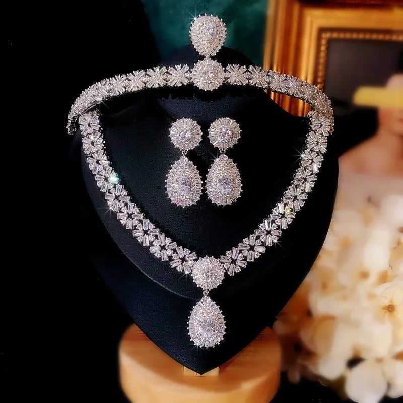 Conjuntos de joyería nupcial para mujer, pendientes de gota de aguja de plata S925, collares, colgantes, corona, boda, accesorios de circonita cúbica