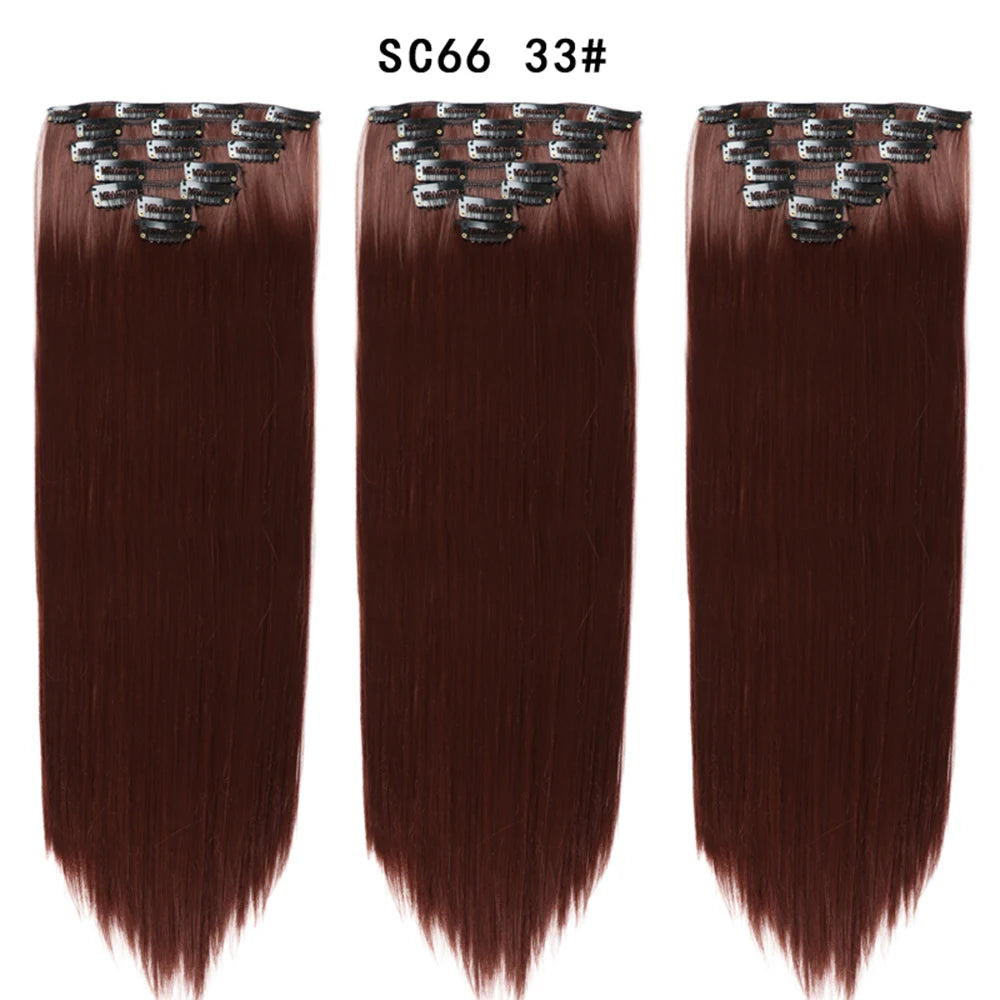 Buabuda-extensiones de cabello sintético largo y liso, 16Clips, fibra de alta temperatura, color rubio, negro y marrón