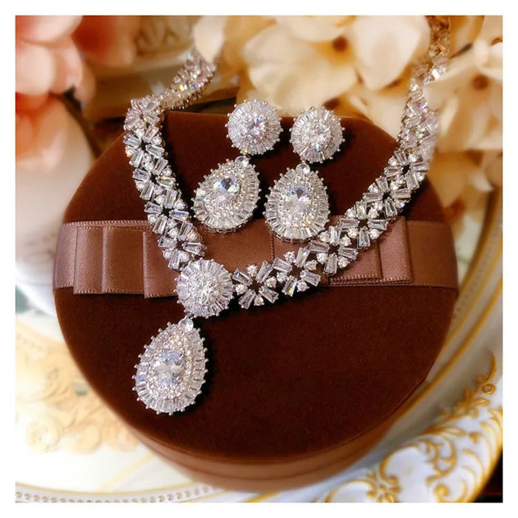 Conjuntos de joyería nupcial para mujer, pendientes de gota de aguja de plata S925, collares, colgantes, corona, boda, accesorios de circonita cúbica