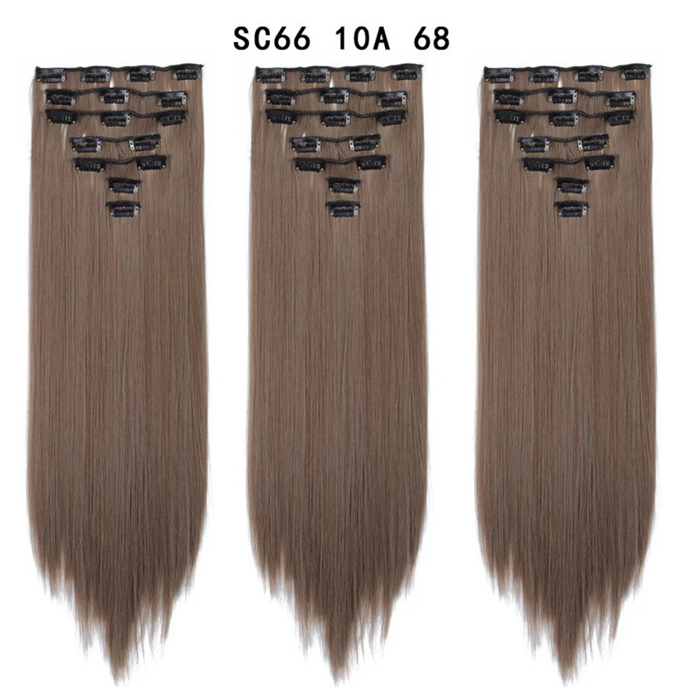 Buabuda-extensiones de cabello sintético largo y liso, 16Clips, fibra de alta temperatura, color rubio, negro y marrón