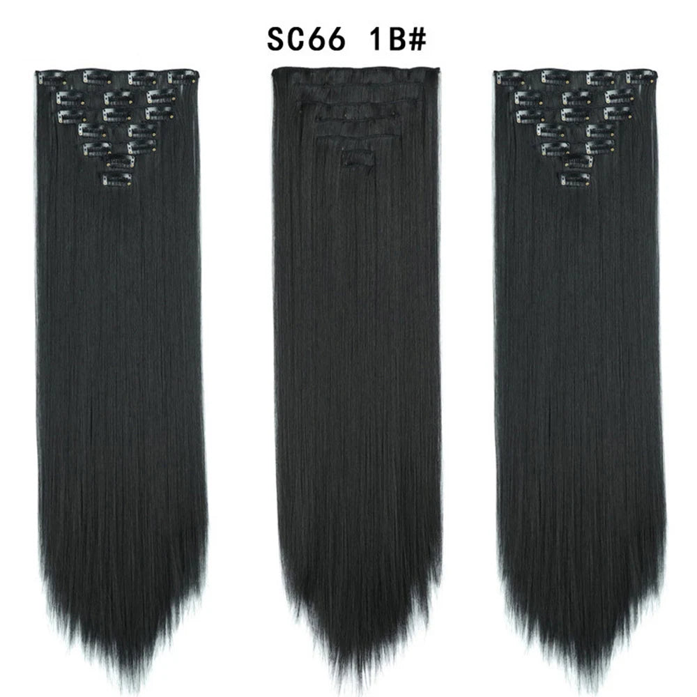 Buabuda-extensiones de cabello sintético largo y liso, 16Clips, fibra de alta temperatura, color rubio, negro y marrón