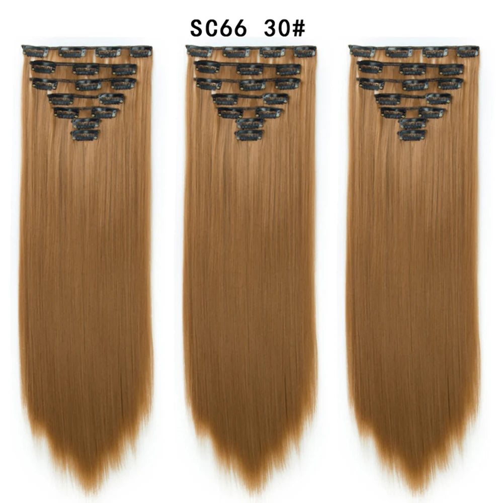 Buabuda-extensiones de cabello sintético largo y liso, 16Clips, fibra de alta temperatura, color rubio, negro y marrón