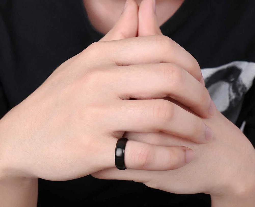 Vnox-Anillo de boda personalizado de acero inoxidable para hombres y mujeres, anillo central cepillado con borde biselado, banda negra, nombre grabado, letra, fecha