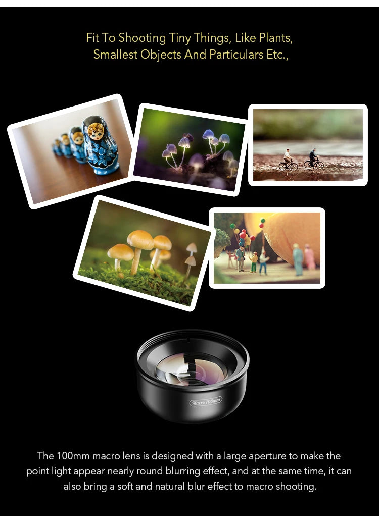 APEXEL nueva llegada 4k HD 100mm macro Micro lente con filtro CPL abrazadera multifuncional para iPhone Samsung y todos los teléfonos inteligentes