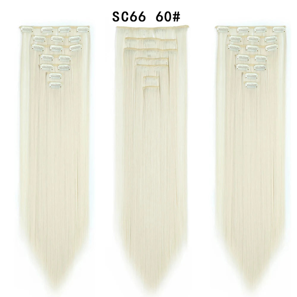 Buabuda-extensiones de cabello sintético largo y liso, 16Clips, fibra de alta temperatura, color rubio, negro y marrón