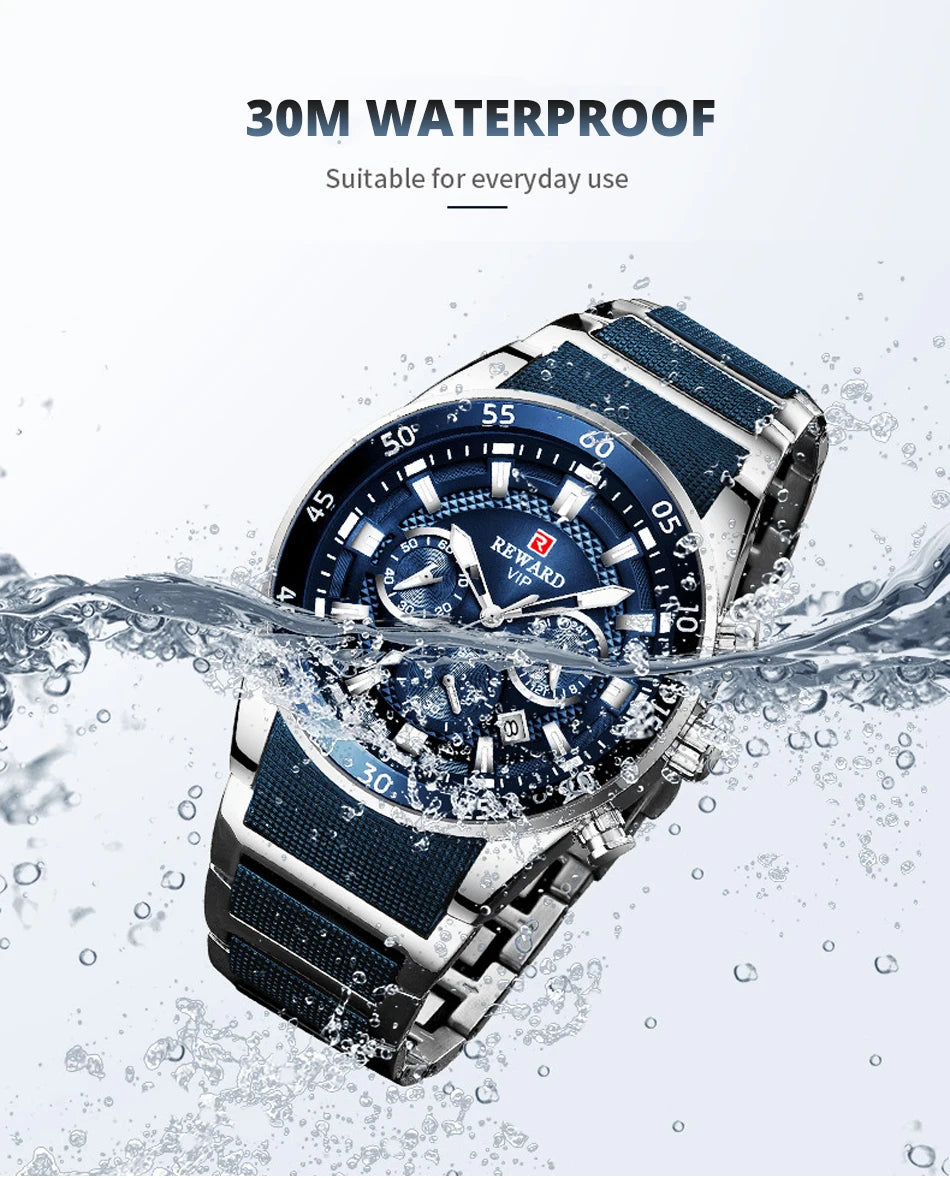 REWARD Relojes para hombre con esfera grande, marca de lujo, reloj deportivo resistente al agua, cronógrafo para hombre, reloj de cuarzo, relojes de pulsera con fecha automática