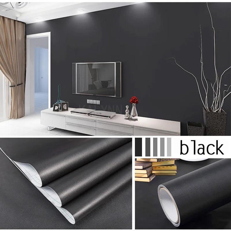 Papel tapiz impermeable de Color sólido, autoadhesivo para habitación, armario blanco y negro, pegatina de pared mate para muebles de cocina, ancho personalizable
