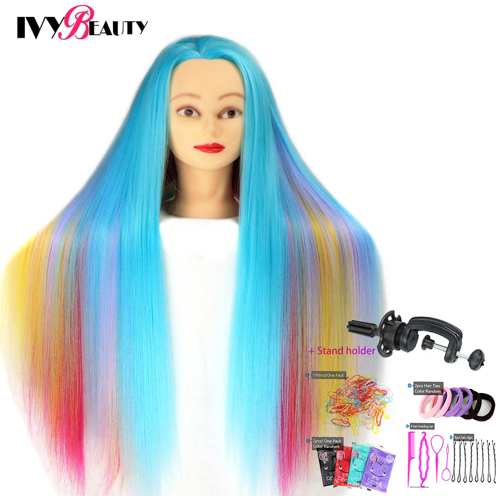 Cabeza de muñeca de maniquí de cosmetología con pelo de Color arcoíris para trenzar el cabello, entrenamiento de peinado, exhibición de salón de peluquería