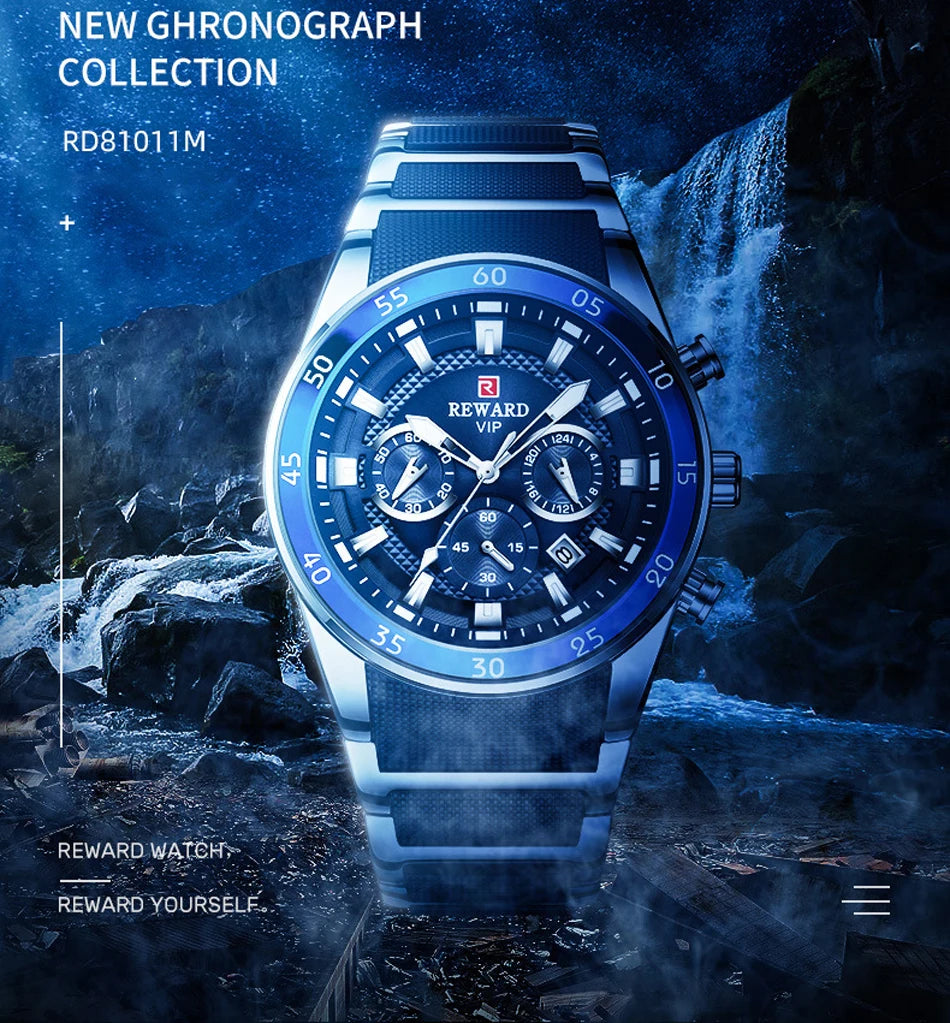 REWARD Relojes para hombre con esfera grande, marca de lujo, reloj deportivo resistente al agua, cronógrafo para hombre, reloj de cuarzo, relojes de pulsera con fecha automática