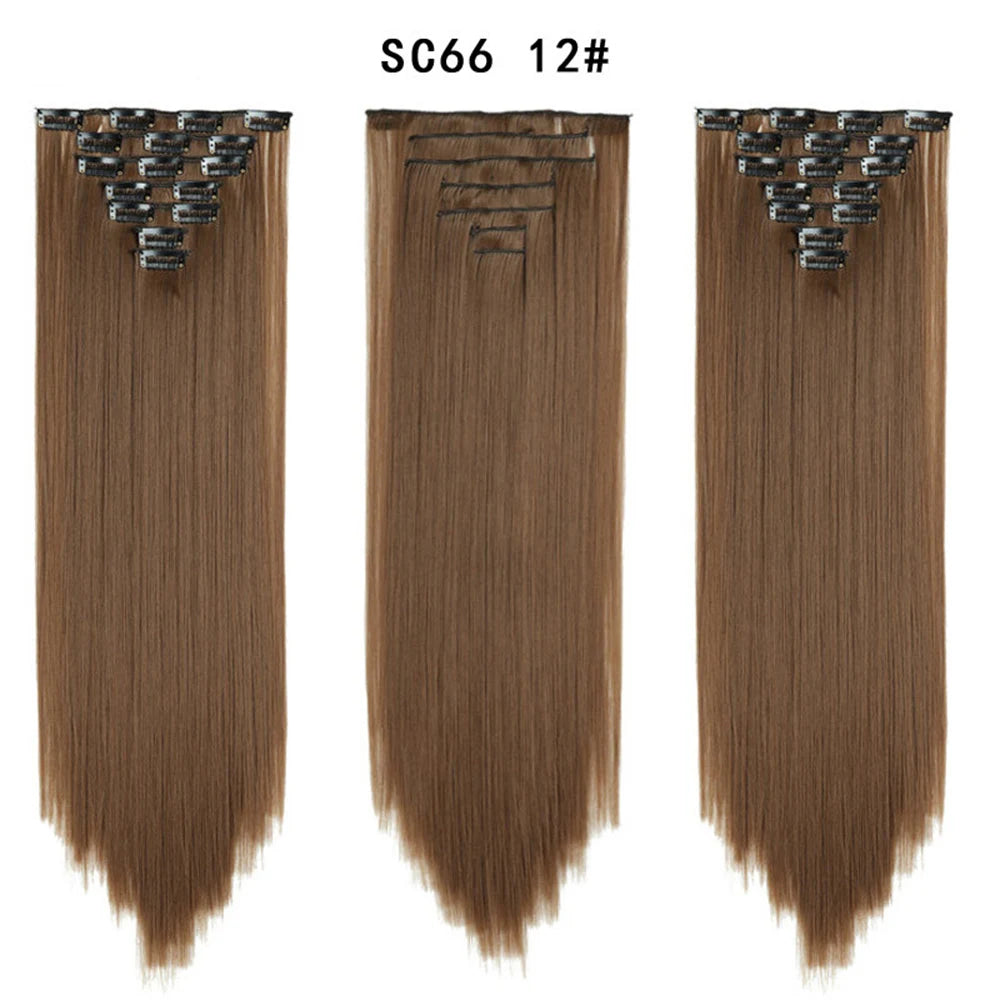 Buabuda-extensiones de cabello sintético largo y liso, 16Clips, fibra de alta temperatura, color rubio, negro y marrón