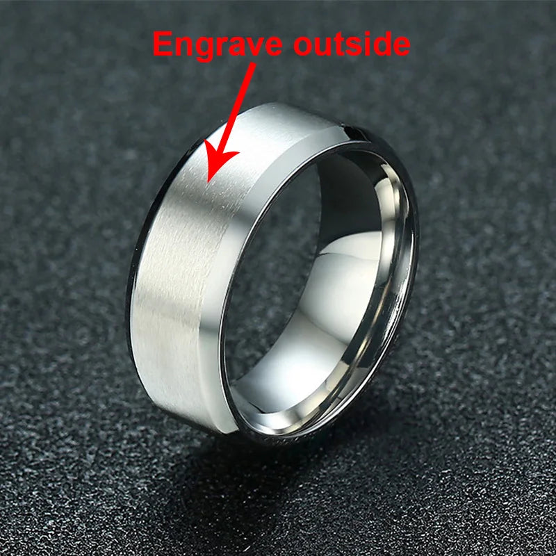 Vnox-Anillo de boda personalizado de acero inoxidable para hombres y mujeres, anillo central cepillado con borde biselado, banda negra, nombre grabado, letra, fecha