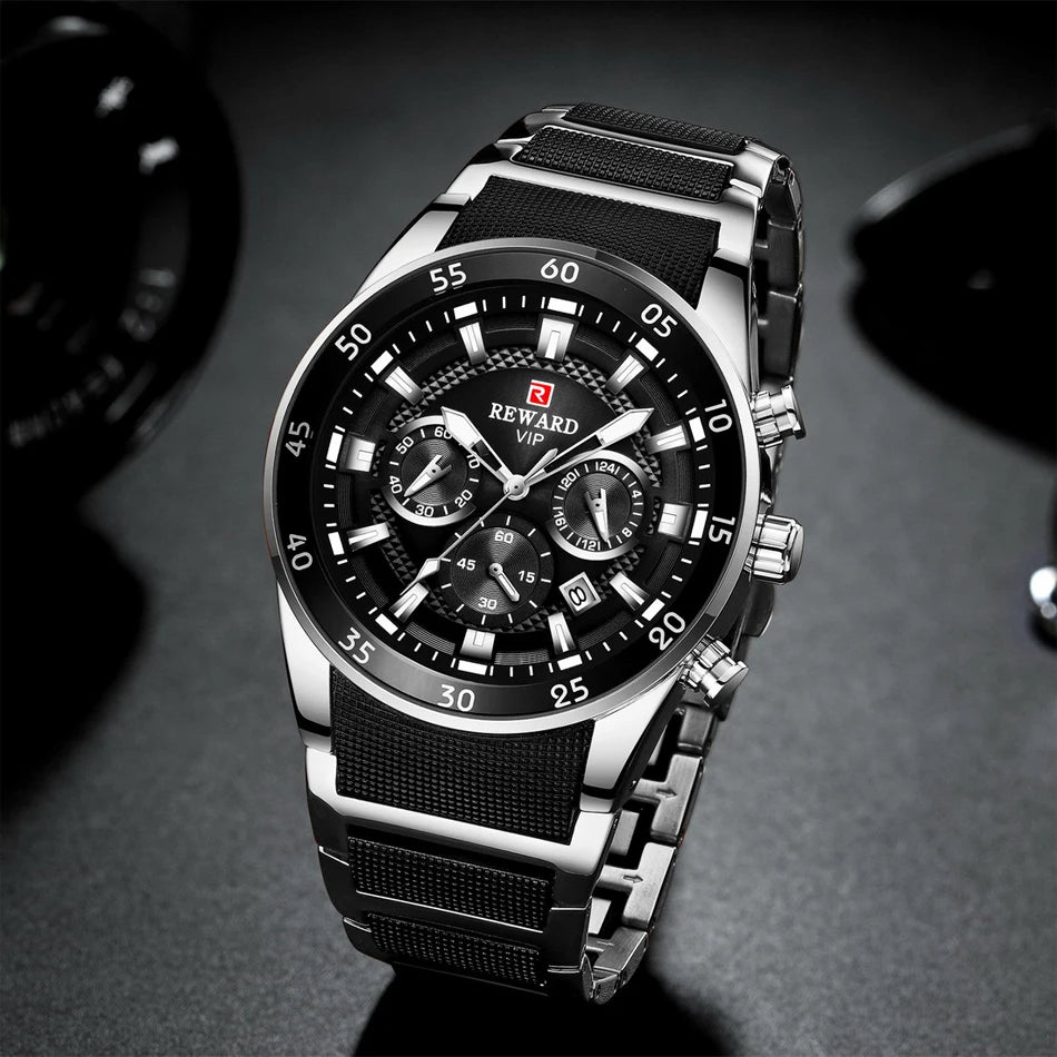REWARD Relojes para hombre con esfera grande, marca de lujo, reloj deportivo resistente al agua, cronógrafo para hombre, reloj de cuarzo, relojes de pulsera con fecha automática