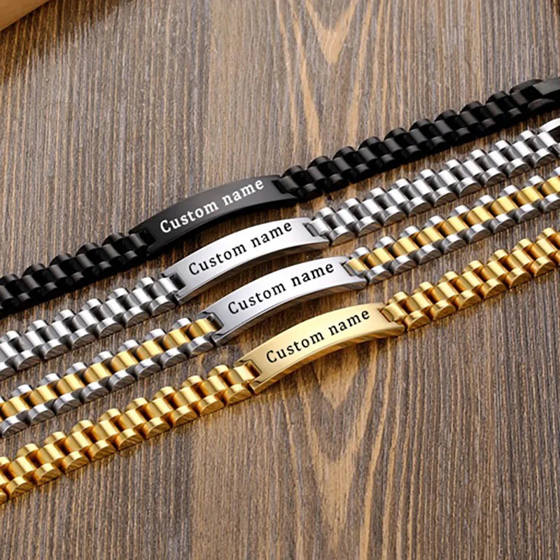 Pulseras personalizadas para hombres y mujeres, placa con nombre, cadena dorada de acero inoxidable, pulsera con nombre de identificación de pareja personalizada