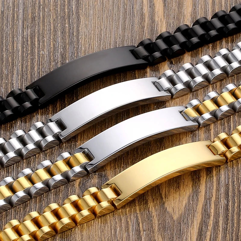 Pulseras personalizadas para hombres y mujeres, placa con nombre, cadena dorada de acero inoxidable, pulsera con nombre de identificación de pareja personalizada