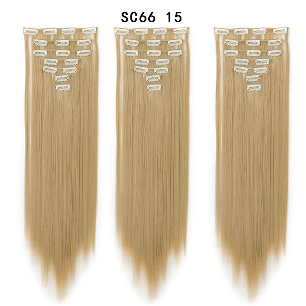 Buabuda-extensiones de cabello sintético largo y liso, 16Clips, fibra de alta temperatura, color rubio, negro y marrón