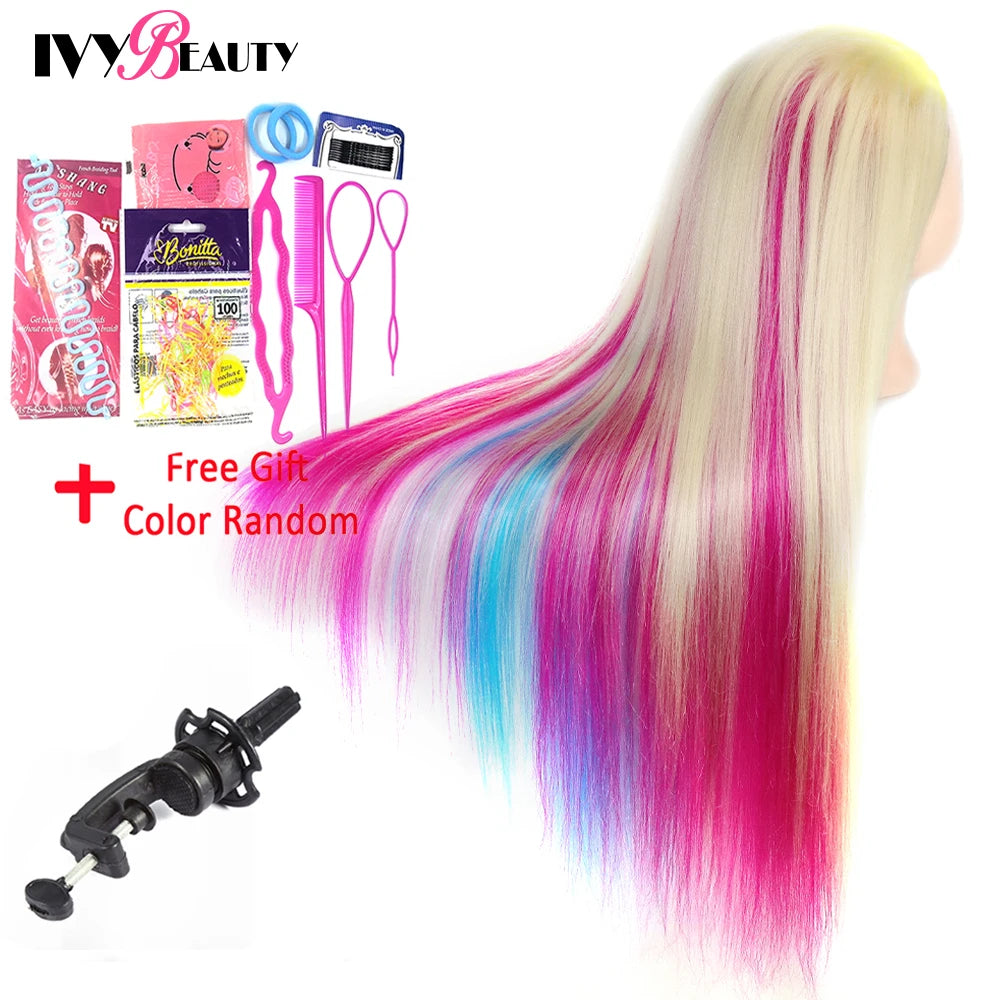 Cabeza de muñeca de maniquí de cosmetología con pelo de Color arcoíris para trenzar el cabello, entrenamiento de peinado, exhibición de salón de peluquería