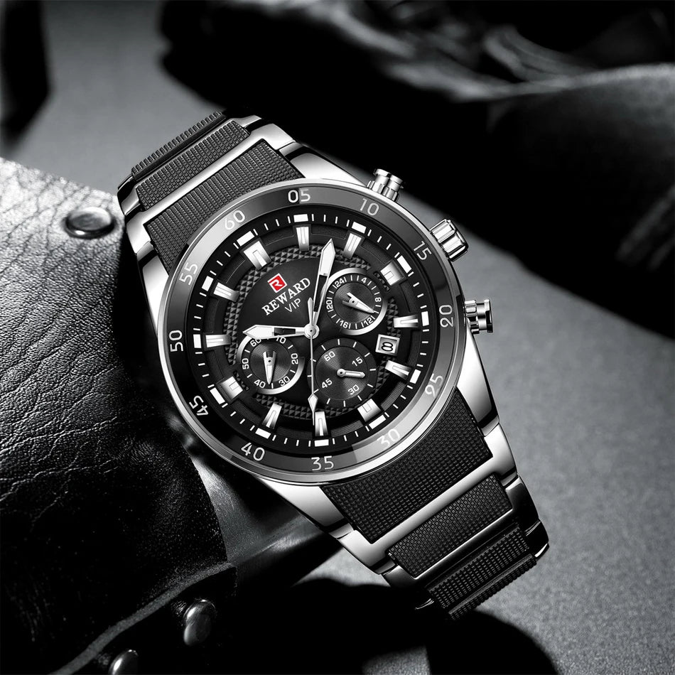 REWARD Relojes para hombre con esfera grande, marca de lujo, reloj deportivo resistente al agua, cronógrafo para hombre, reloj de cuarzo, relojes de pulsera con fecha automática