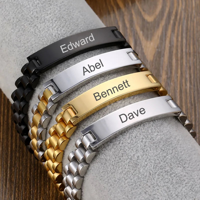 Pulseras personalizadas para hombres y mujeres, placa con nombre, cadena dorada de acero inoxidable, pulsera con nombre de identificación de pareja personalizada