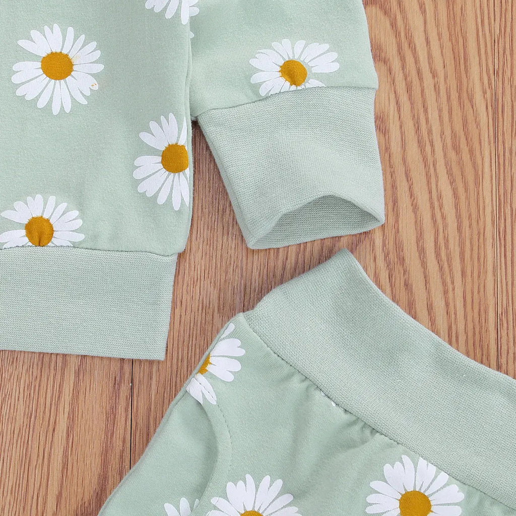 Trajes de algodón transpirables para bebé, niño y niña, sudadera de manga larga con estampado de margaritas, pantalones y Diadema con lazo, 3 uds.