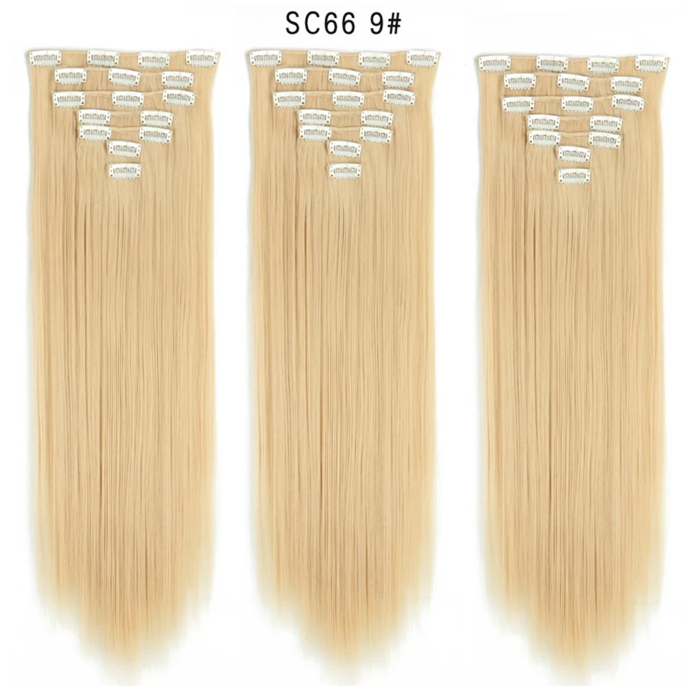 Buabuda-extensiones de cabello sintético largo y liso, 16Clips, fibra de alta temperatura, color rubio, negro y marrón