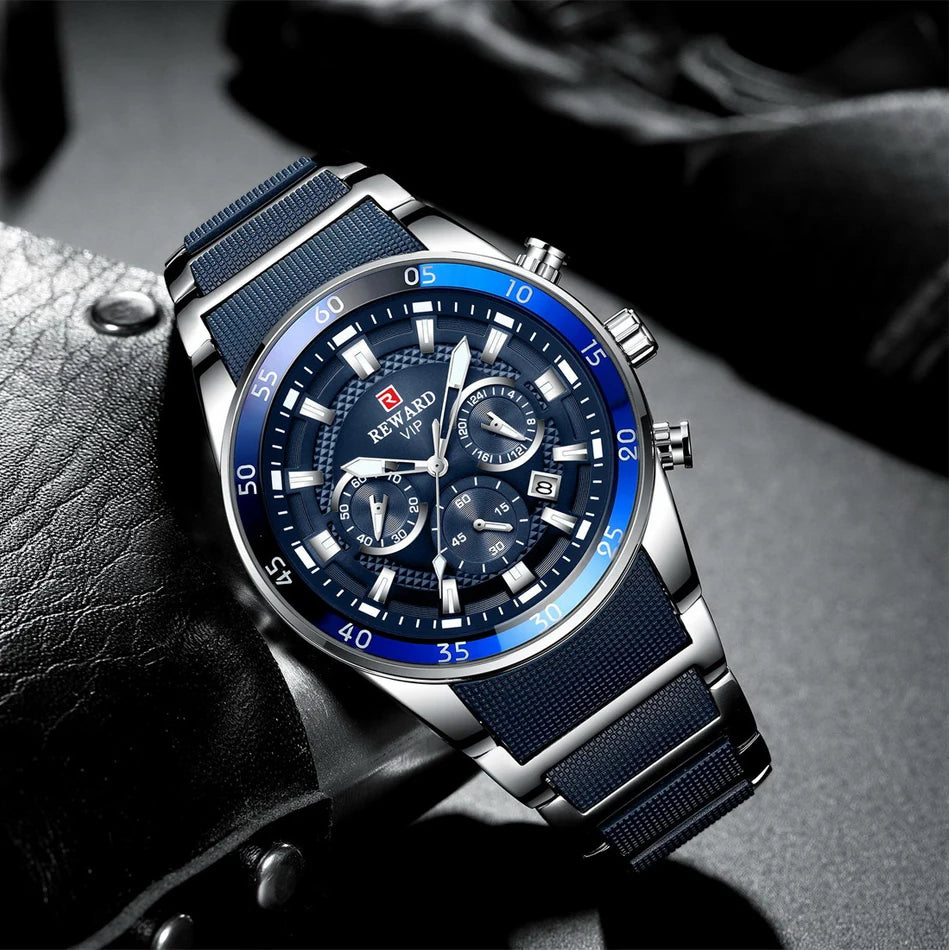 REWARD Relojes para hombre con esfera grande, marca de lujo, reloj deportivo resistente al agua, cronógrafo para hombre, reloj de cuarzo, relojes de pulsera con fecha automática