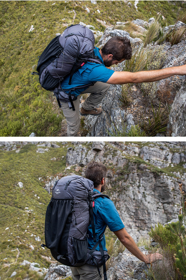 Naturehike 60L + 5LCamping senderismo escalada mochilas Piggyback transpirable ligero alrededor de 1160g con diseño de cubierta de lluvia