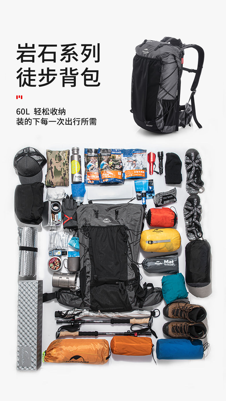 Naturehike 60L + 5LCamping senderismo escalada mochilas Piggyback transpirable ligero alrededor de 1160g con diseño de cubierta de lluvia