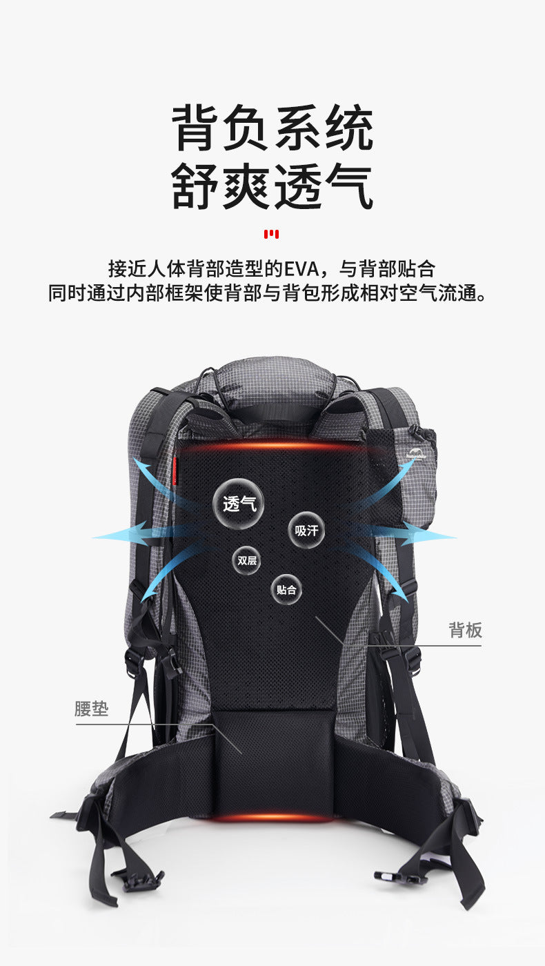 Naturehike 60L + 5LCamping senderismo escalada mochilas Piggyback transpirable ligero alrededor de 1160g con diseño de cubierta de lluvia
