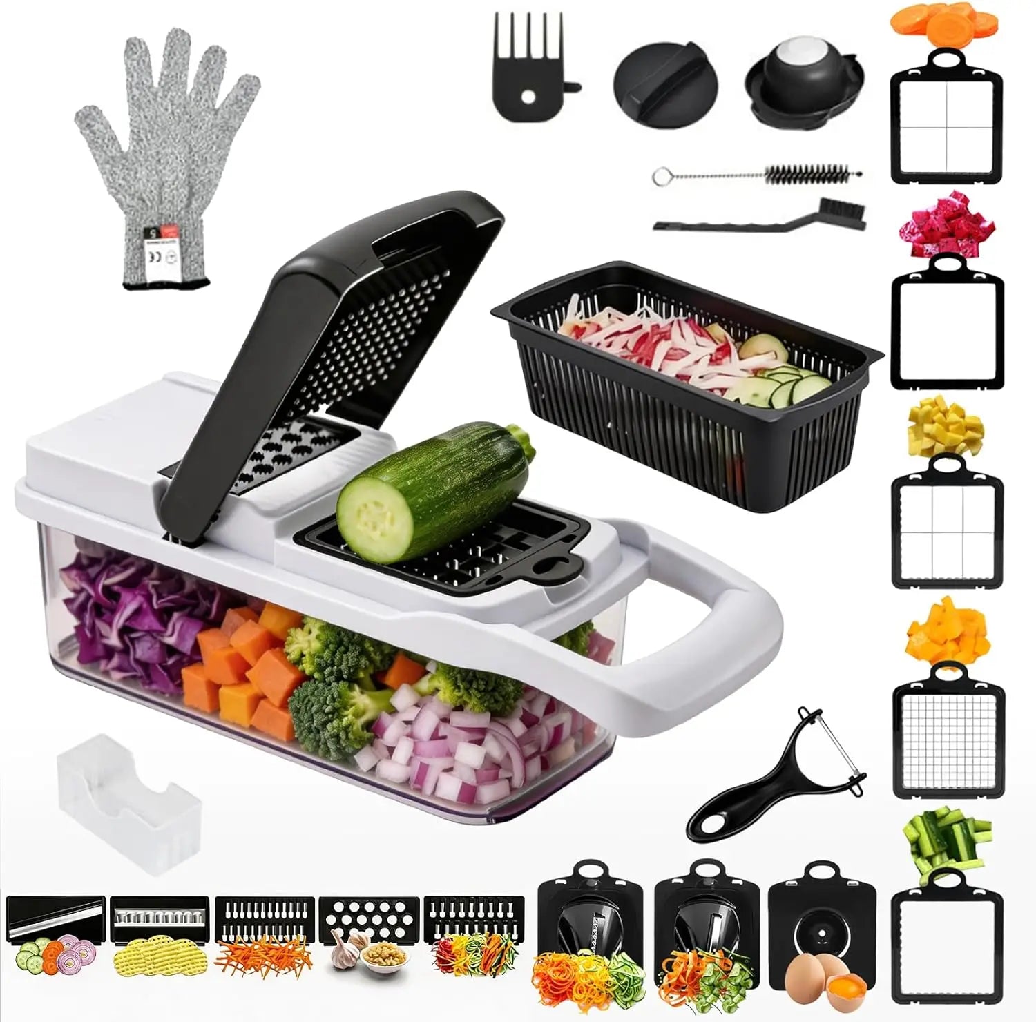 Picador de Verduras 26 en 1 con Cuchillas de Acero Inoxidable, Espiralizador, Rallador, Protector de Manos para Rebanar