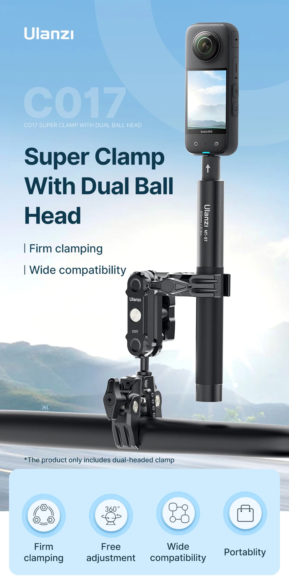 La abrazadera Ulanzi CO17 Super Clamp se puede fijar a rieles de bicicleta, trípode de motocicleta con cabezal de doble bola para cámara de acción panorámica.