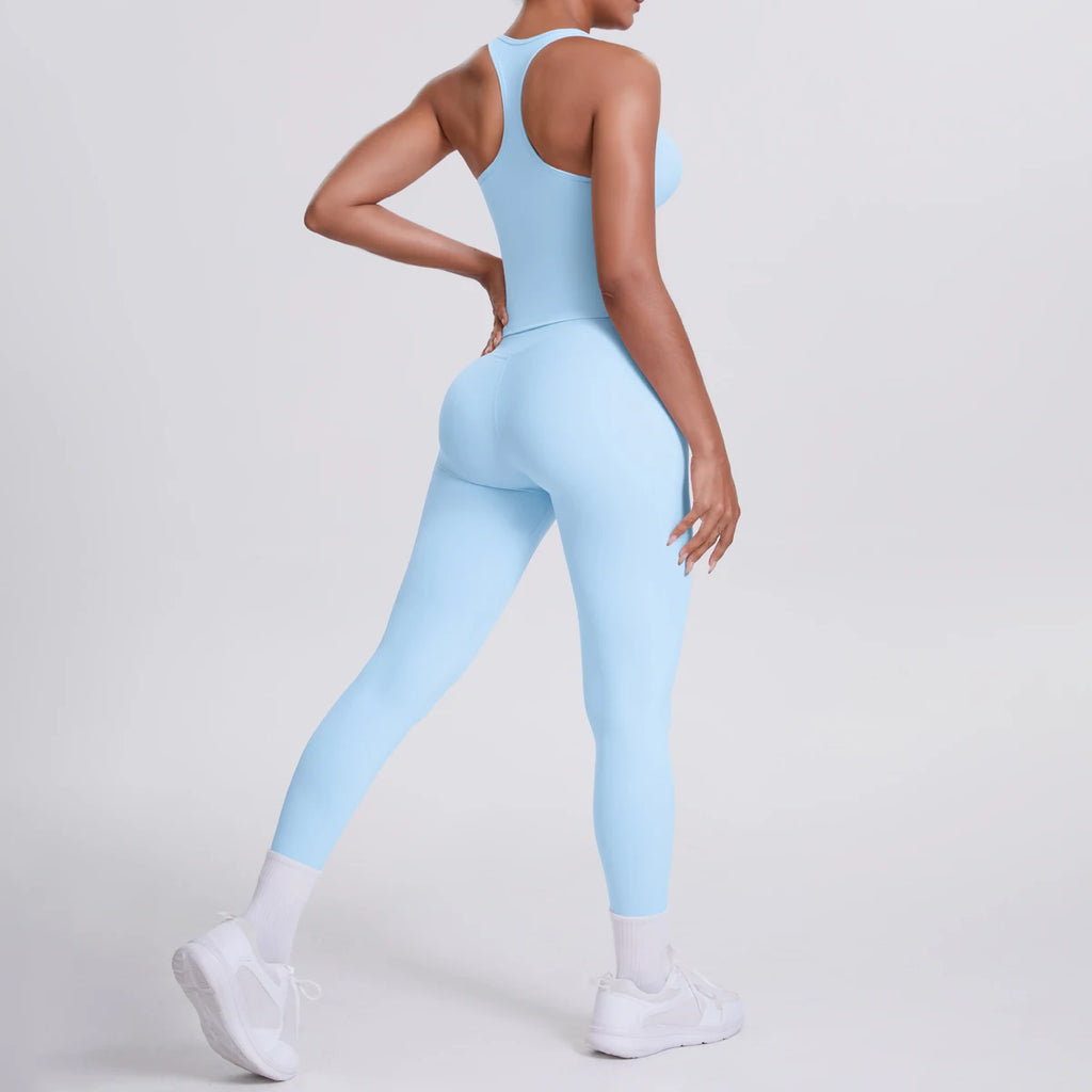 Hamidou - Conjunto de yoga de 2 piezas para mujer: leggings de fitness de secado rápido con efecto push-up y top deportivo con espalda en I de color liso.