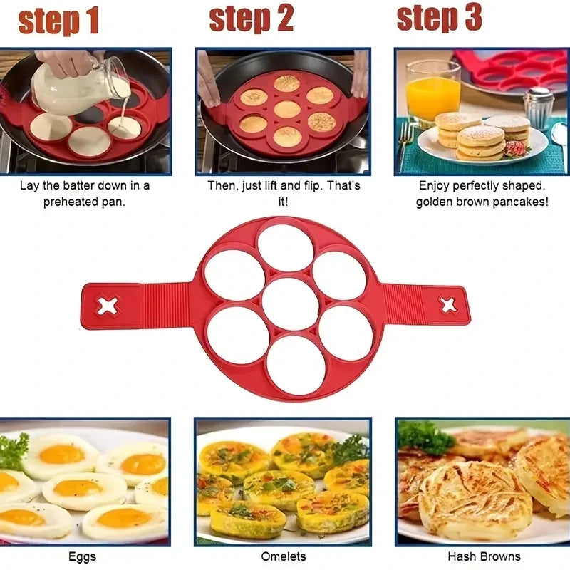 Molde de silicona antiadherente de 7 cavidades para hornear, con mango apto para alimentos, para huevos fritos, tortitas y tortillas, herramienta de cocina para el hogar.
