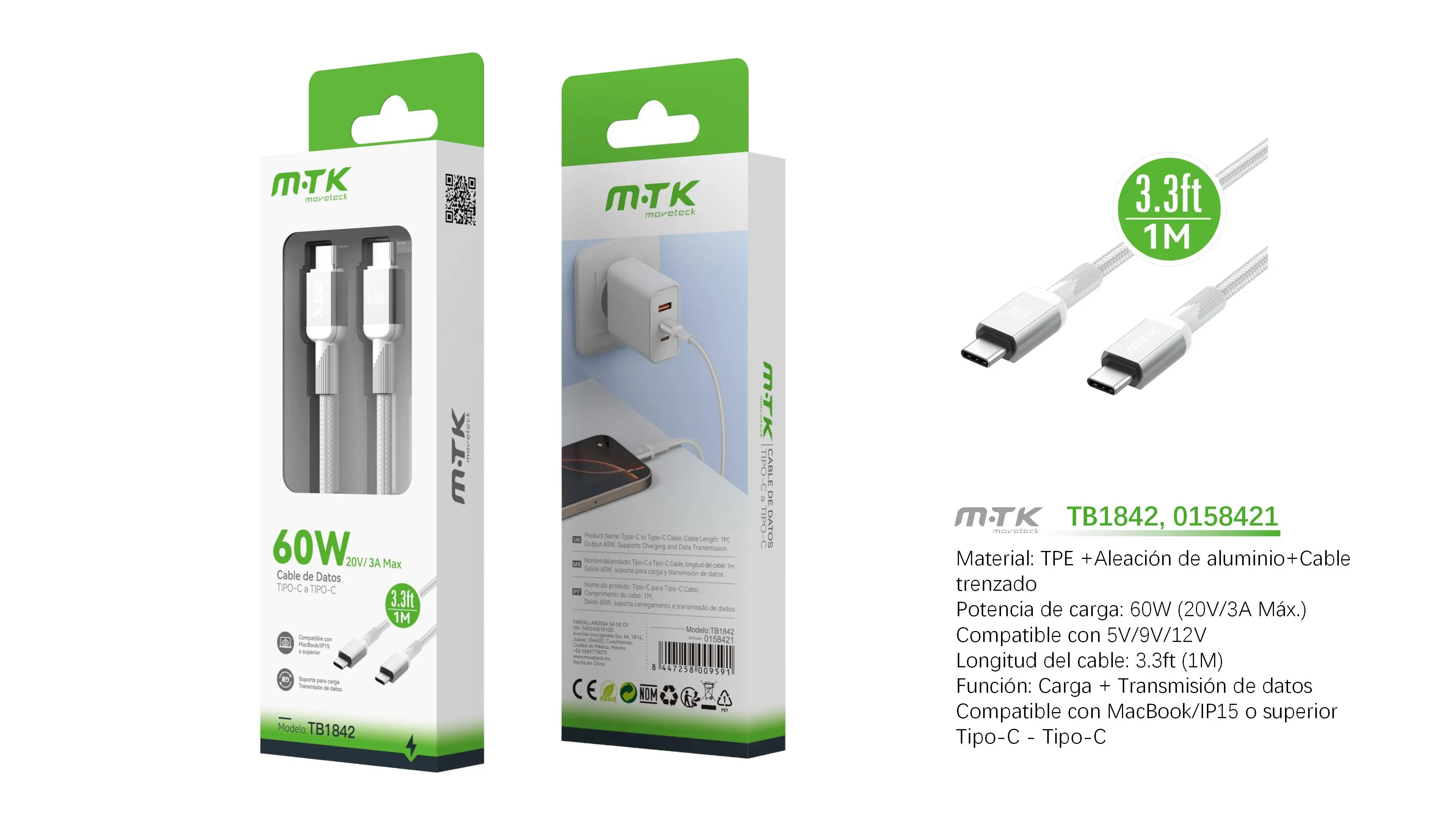 Cable USB C a USB C de 60w y 1M, Tipo C a Tipo C, Carga Rápida 20V 3A, Compatible con Smartphone Galaxy, Macbook Pro, MacBook Air