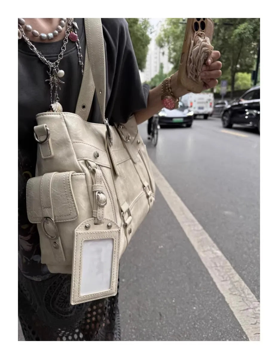 Bolso de mano con tachuelas Vintage para chica, bolso de hombro de gran capacidad con textura de cuero para mujer, bolso cruzado de viaje de estética Y2k
