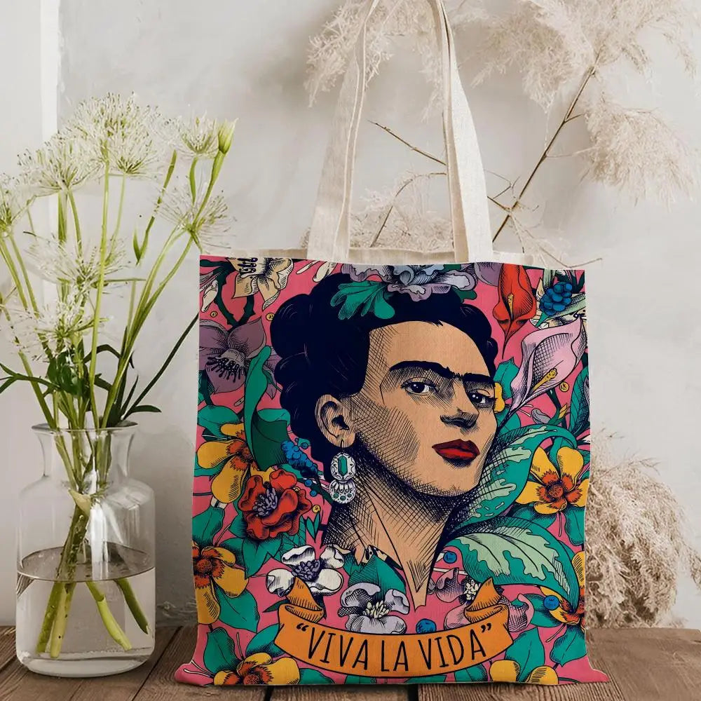Bolsos de Almacenamiento Art F-Frida Kahlo, Bolso Tote de Lona con Estampado a Doble Cara, Bolso de Hombro de Gran Capacidad para Mujer