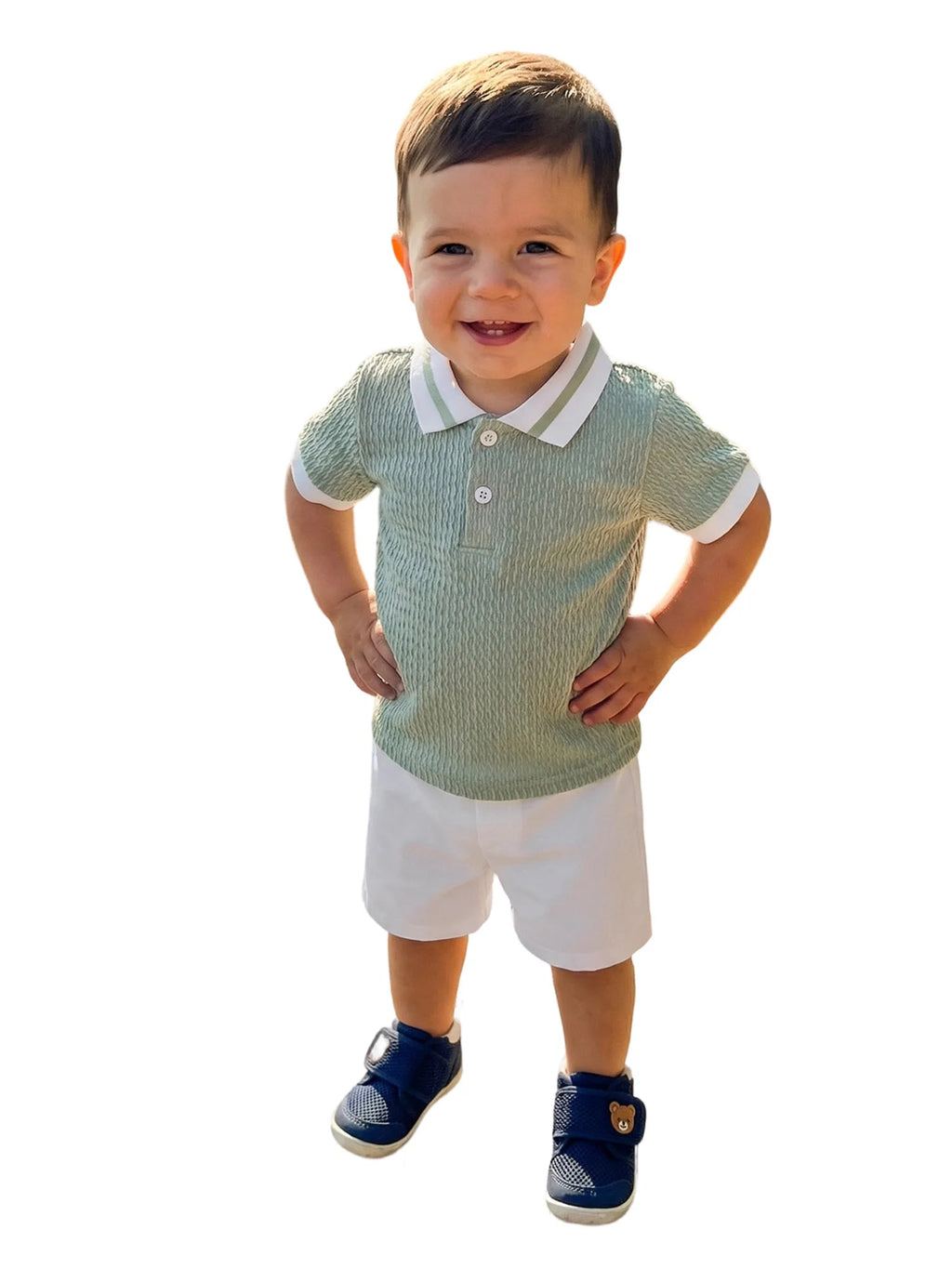 Conjunto de pantalones cortos para bebé niño, camisa de punto con cuello y manga corta y pantalones cortos, conjunto de verano de 2 piezas