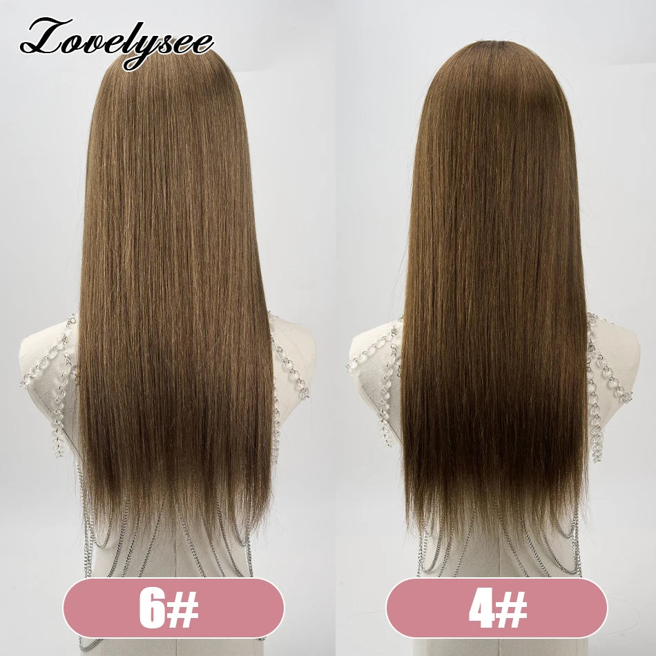 Lovelysee 3/4 media peluca de cabello humano con Clip en extensiones de cabello cabello Remy liso sedoso Color marrón suave 150% 180% peluca para mujeres